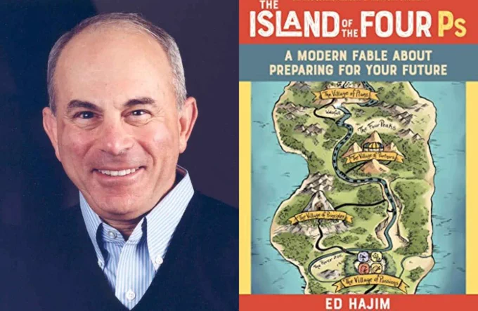 Ed Hajim and a book cover of The Island of the Four Ps.