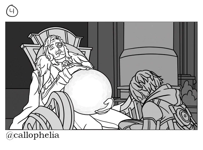 This is the storyboard's final panel. The camera’s angle changed once more with Caelus kneeling down in front of Mikhail’s wheelchair with his hat in his hands.