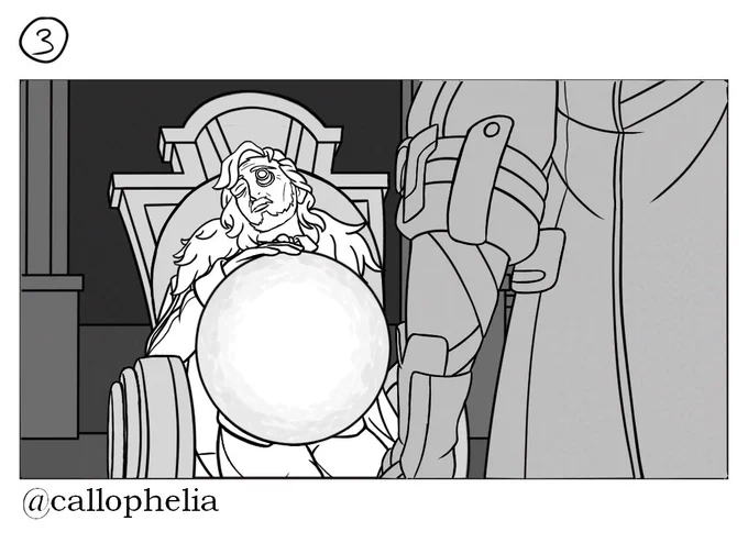 The third panel of the storyboard. The angle of the camera changes once more as Caelus now covers the right side of the screen, with Mikhail, now in the wheelchair, hugging the dream bubble on the left side of the screen.