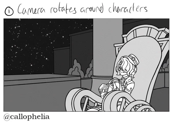 The first panel of the storyboard. It depicts Misha sitting in Mikhail’s wheelchair, holding his hat as he stares at the stars above.