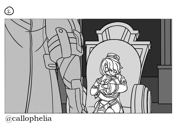 The second panel of the storyboard. The angle of the camera changes as Caelus’ body comes into frame to cover the left portion of the frame. On the right side of the panel, Misha falls asleep hugging the hat.
