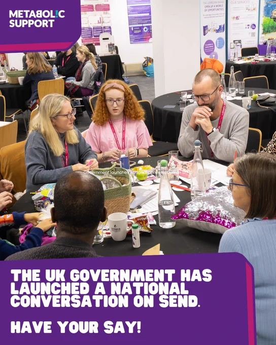 People taking part in a group discussion around a table, with text announcing the UK government’s national conversation on SEND.