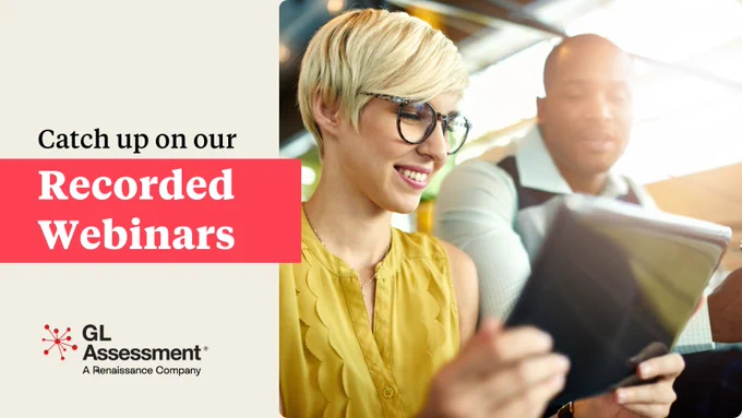 Promotional image featuring two individuals on a train, one focused on a tablet and another looking on, with a text overlay that reads, 'Catch up on our Recorded Webinars - GL Assessment, a Renaissance Company.'