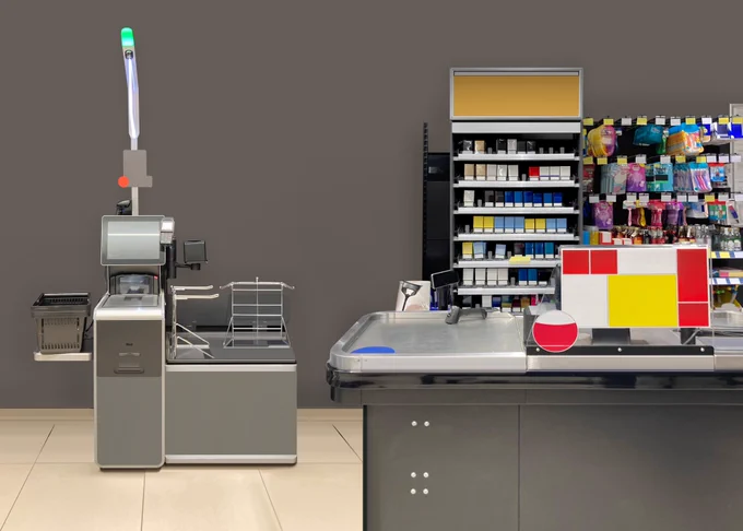Supermarket checkout zone featuring a self-checkout machine, a classic cashier counter, and neatly organized shelves in the background minimalist, efficient, and ready for fast shopping.

https://stock.adobe.com/contributor/211338080/Whatson

#supermarket #checkout #selfcheckout #retaildesign #modernstore #shoppingexperience #storeinterior #retailtechnology #cleanaesthetic #dailyshopping