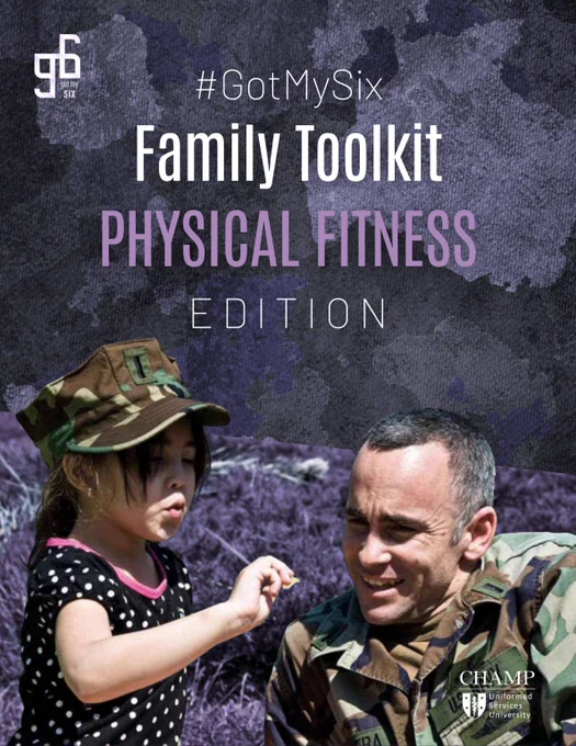 A military parent in uniform engaging in a playful moment with their young child outdoors against a textured dark background.
