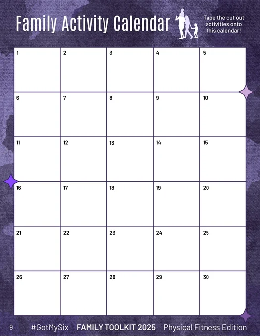 Purple-themed monthly calendar titled Family Activity Calendar, designed for organizing family fitness activities in 30-day format.