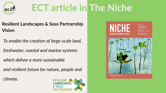 ECT article in The Niche. Left-hand side: Quote from the article: Resilient Landscapes and Seas Partnership Vision- To enable the creation of large-scale land, freshwater, coastal and marine systems which deliver a more sustainable and resilient future for nature, people and climate. Right-hand side: Cover image of The Niche Winter 2025. 