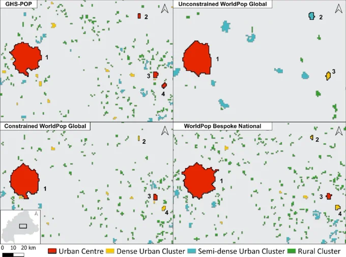 Graphic showing the spatial entities around Ouagadougou, Burkina Faso identified by four population datasets
