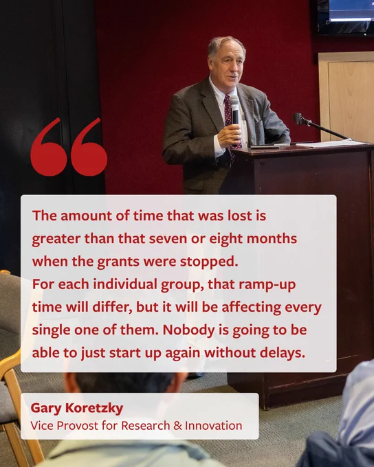 Gary Koretzky standing at a podium delivering a speech at a professional event, with a quote on funding grant processes displayed beside him.
