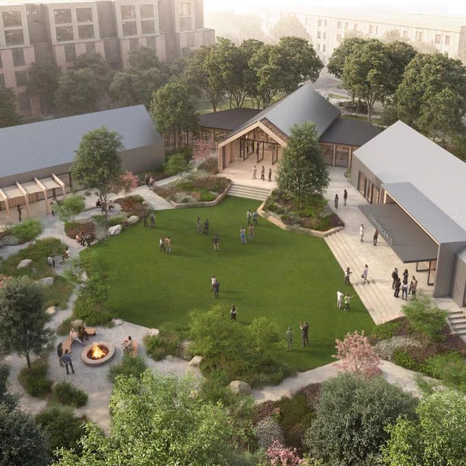 Architectural rendering of Rowen's upcoming Convergence Center. Features include landscaped gardens, a central lawn with a fire pit, and contemporary pavilion structures. Buildings and trees frame the serene setting.