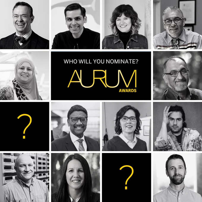 Headshots of former Aurum Award winners in a square graphic with question marks for new recipients