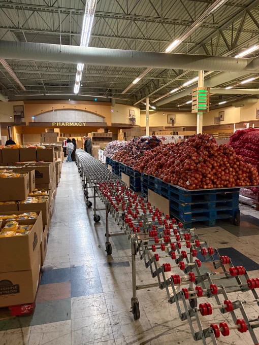 A conveyor belt surrounded by boxes of food and fresh produce.