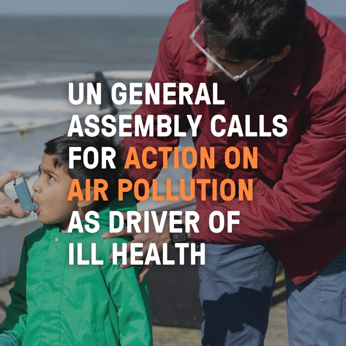 Graphic which reads 'UN General Assembly calls for action on air pollution as driver of ill health'