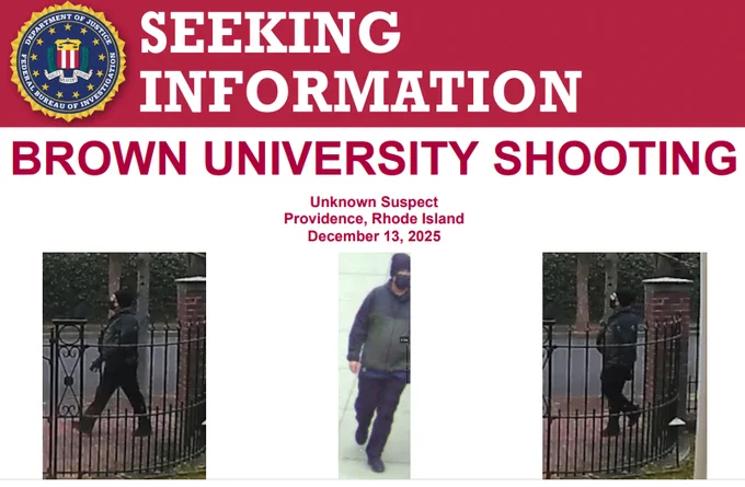 FBI seeks information on unknown suspect in Brown University shooting in Providence, Rhode Island, December 13, 2025, showing three images of a man in dark clothing and a cap.