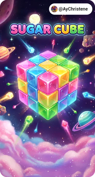 A vertical graphic for the game "SUGAR CUBE." A large, 3x3 cube made of colorful, translucent blocks floats in the center against a vibrant cosmic background filled with pink clouds, planets, and shooting stars. The title text "SUGAR CUBE" appears in neon pink, blue, yellow, and green at the top, with the creator handle "@AyChristene" in the top right corner.