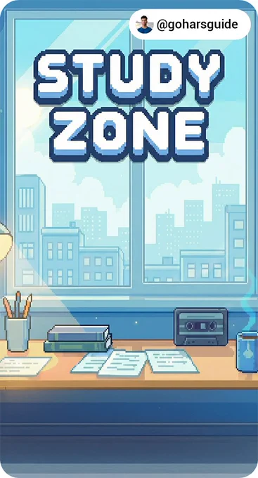 A vertical graphic for the game "STUDY ZONE." The scene depicts a calming "lo-fi" style study desk with books, loose papers, a pencil cup, a cassette tape, and a steaming mug. A large window behind the desk shows a light blue city skyline. The title text "STUDY ZONE" floats in the center, with the creator handle "@goharsguide" in the top right corner.