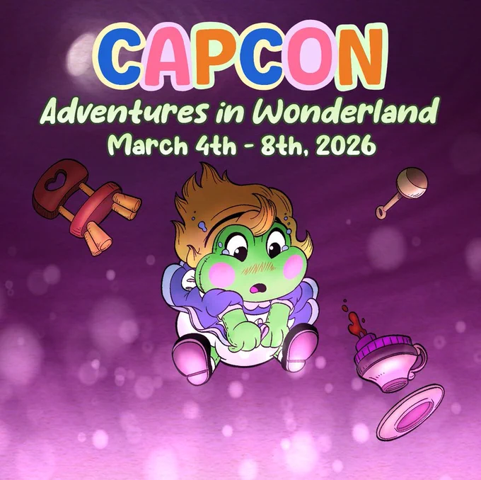 A whimsical purple poster for CAPCon reads “CAPCon Adventures in Wonderland” with the dates “March 4th–8th, 2026.” In the center, a cute green frog character with rosy cheeks and brown hair appears to be falling downward, surrounded by floating objects like a key, a rattle, and a pacifier, evoking a playful Wonderland-style scene.