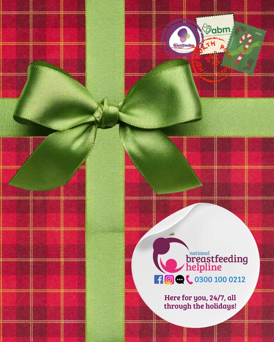 Tartan pattern Christmas paper with a green bow. Stamps in top right hand corner with the Breastfeeding Network and Association of Breastfeeding Mothers. White sticker with National Breastfeeding Helpline logo 0300 100 0212. Here for you, 24/7 all through the holidays!