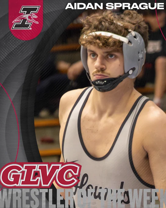 Aidan Sprague in a GLVC Wrestler of the Week graphic.