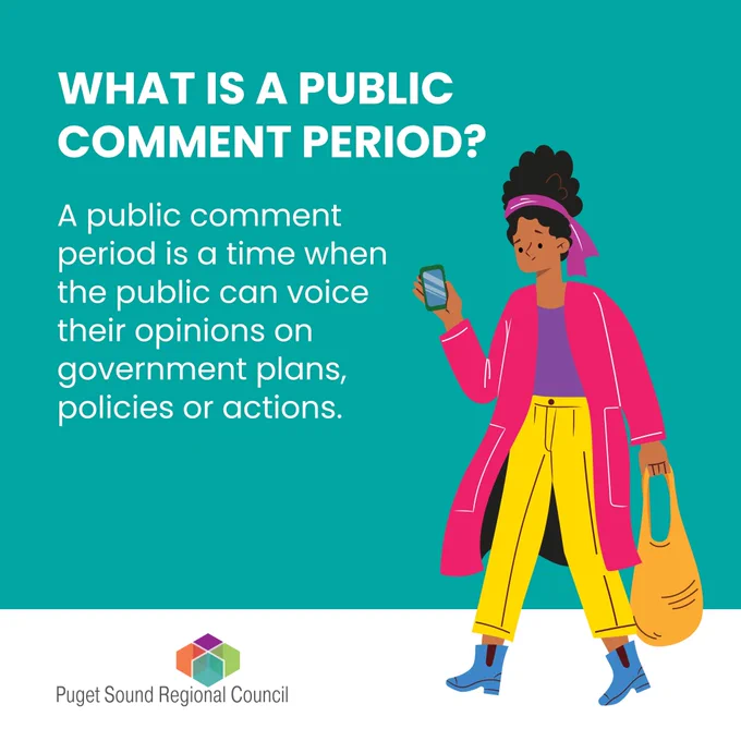 Turquoise background. Person walking with a shopping bag and phone. Text: What is a Public Comment Period? A public comment period is a time when the public can voice their opinions on government plans, policies or actions. 