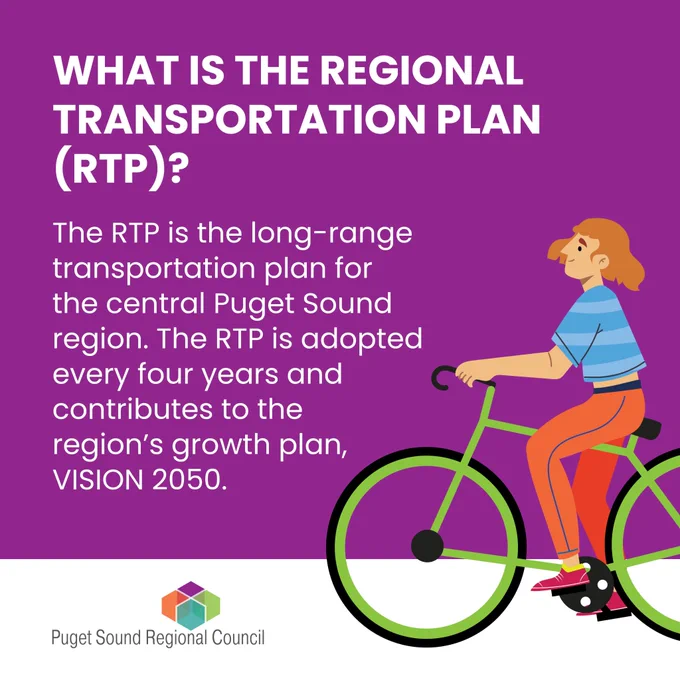 Purple graphic with person on bike. Text: What is the Regional Transportation Plan (RTP)? The RTP is the long-range transportation plan for the central Puget Sound region. The RTP is adopted every four years and contributes to the region's growth plan, VISION 2050.