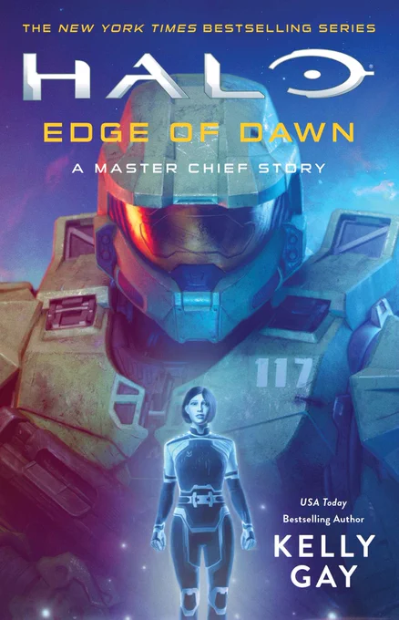 Book cover of Halo: Edge of Dawn by Kelly Gay depicting the Master Chief and Joyeuse