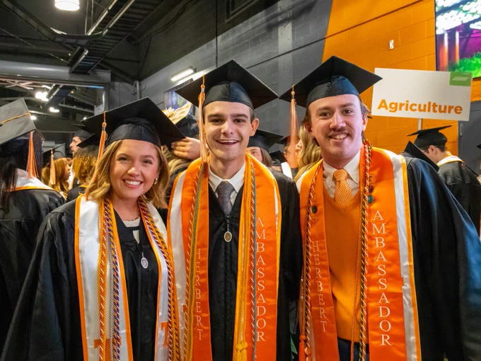 Three graduates smiling in caps and gowns, adorned with orange sashes labeled "Ambassador," at a commencement ceremony.
