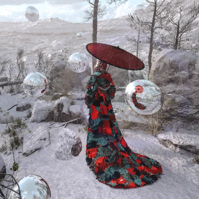 This artwork is a 3D composition and a VR digital fashion design. The coat texture was created using one of Jenni's paintings—something I’ve been wishing to do for a long time. Our collaboration flows into a winter fantasy of retrospection and reflection, where the red cuts through the snow-white like a pulse—a reminder of the passion behind our creative expression in this season of rest.