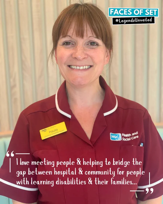 Smiling healthcare worker in burgundy uniform with a Health and Social Care badge, standing indoors with a quote "I love meeting people & helping to bridge the gap between hospital & community for people with learning disabilities & their families..."