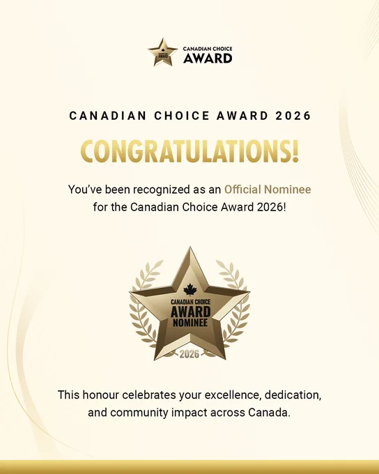 Honoured to share that MUKTA Advertising is an Official Nominee for the Canadian Choice Award 2026 🏆

Thank you to @CanadianChoiceAwards for the recognition. Grateful to be counted among businesses making an impact across Canada. ⭐️

#CanadianChoiceAward2026 #MuktaAdvertising #Grateful #CanadianBusiness #OfficialNominee #TusharUnadkat