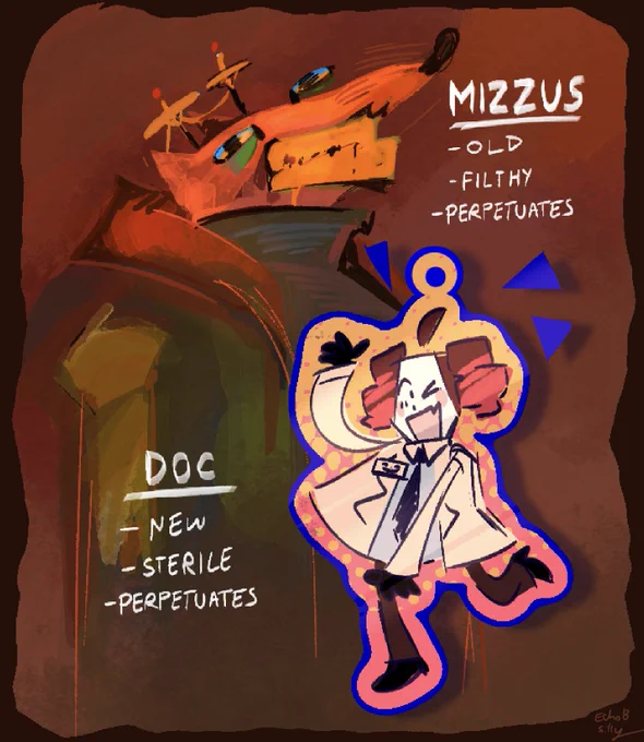 Illustration of Mizzus Habitat grimacing in a messy painterly style and Dr. Clicky posing cutely on a keychain in a sharp digital style. Text reads “MIZZUS: OLD, FILTHY, PERPETUATES” and “DOC: NEW, STERILE, PERPETUATES”