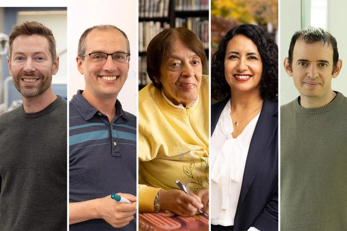 Five people in different settings in a collage photo: casual sweaters, striped polo, yellow top writing, business attire outdoors and gray sweater indoors.