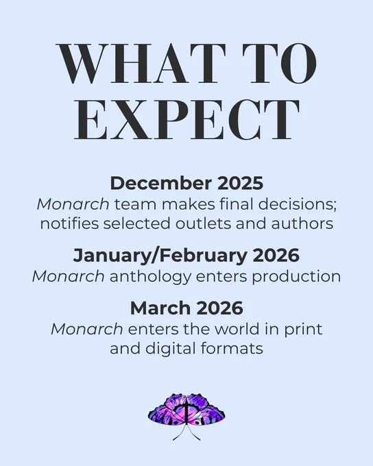 What to expect. December 2025, Monarch team makes final decisions, notifies selected outlets and authors. January/February 2026, Monarch anthology enters production. March 2026, Monarch enters the world in print and digital formats.
