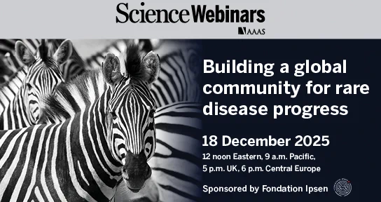 Promotional image for Science Webinars scheduled on 18 December 2025. Features close-up of zebras' stripes in black and white. Indicates timings for different regions and mentions sponsorship by Fondation Ipsen.