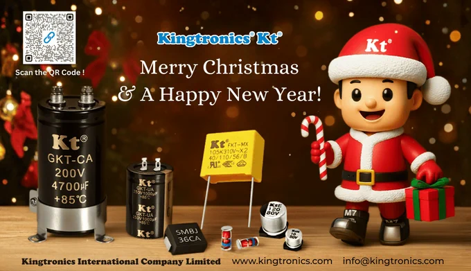 Kingtronics® Christmas greeting featuring Kt® electronic components and a Santa character, wishing a Merry Christmas and Happy New Year.