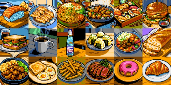 A group of 64x64 pixel art foods in NES palette.
In the first line: nigiri, gyoza, ramen bowl, chicken drumsticks, sushi bento, hamburguer.
Second line: sandwich, cup of coffee, ramune bottle, onigiri, curry, artisan bread.
Third line: chicken karaage, toast with fried eggs, french fries, steak with herbs, donnut, croissant.