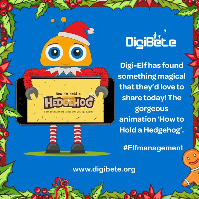 Digi-Elf is holding a mobile with a screenshot of the 'How to Hold a Hedgehog' animation which can be found on the DigiBete website. The image is on a blue background with holly and gifts.