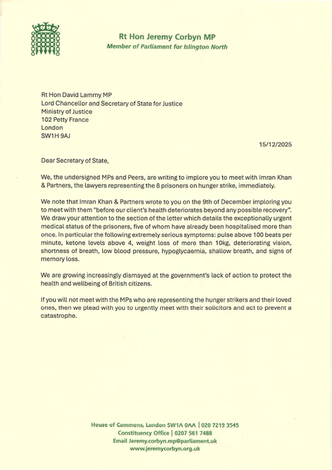 Letter from MPs and Peers to David Lammy asking the government to meet the lawyers representing the 8 prisoners who are on hunger strike