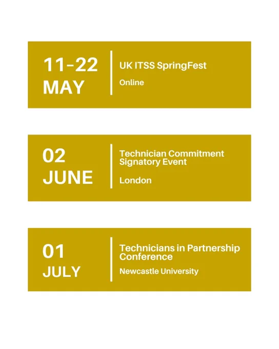 11–22 May: UK ITSS SpringFest, Online.
2 June: Technician Commitment Signatory Event, London.
1 July: Technicians in Partnership Conference, Newcastle University.
