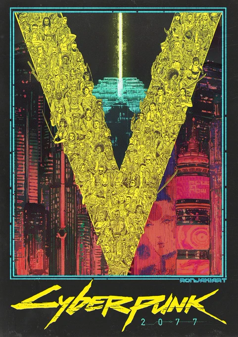 The letter V is overlaid across pink skyscrapers. The V is made up of line art of dozens of player characters, all their own interpretation of male or female V. At the bottom is the Cyberpunk 2077 logo.