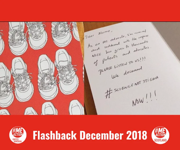 Card with white trainers on red background. Message demandind ' #ScienceNotStigma' inside. #MEAction UK & Scotland logos with 'Flashback December 2018' in white at bottom.