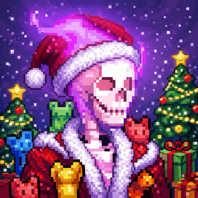Pixel-art smiling skeleton in a Santa hat and fur coat surrounded by decorated Christmas trees and colorful wrapped gifts.