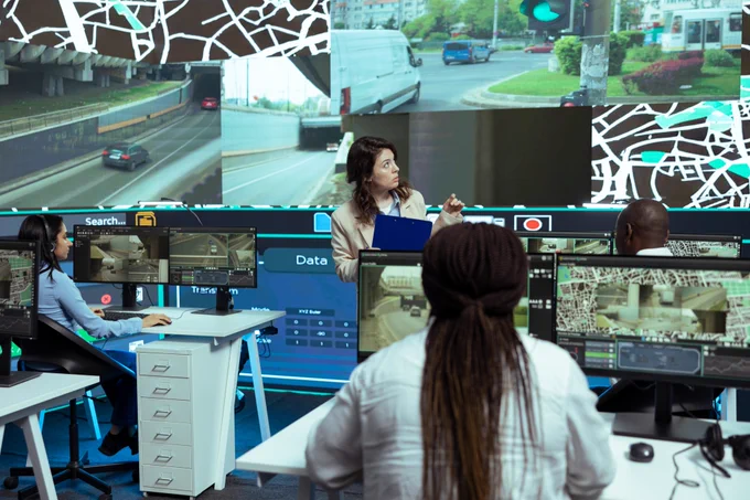 Team working in a smart city control room, monitoring traffic and urban data on multiple large screens while a coordinator gives instructions.
