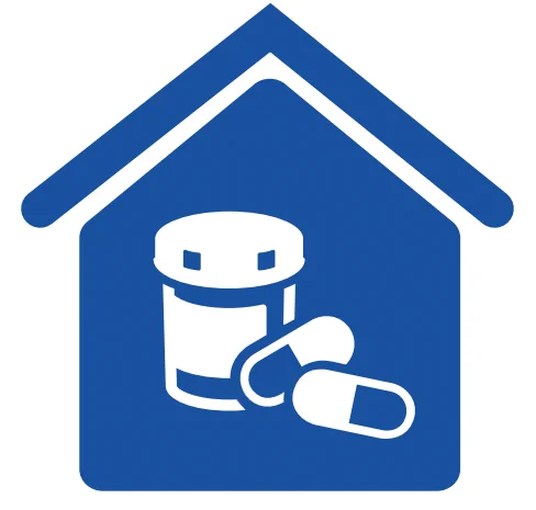 An graphic of medicines inside a house, symbolising access to medicines 24 / 7 and at home. 