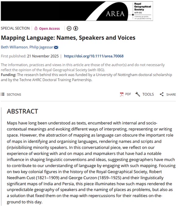 Title and abstract for 'Mapping Language: Names, Speakers and Voices' by Beth Williamson and Philip Jagessar in Area.