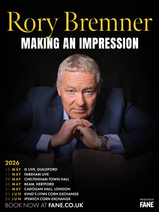 Promotional poster for "Making an Impression" featuring Rory Bremner. Includes tour dates and locations for 2026, presented by Fane.