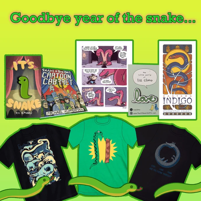 text: goodbye year of the snake...

image: different snake-themed merch available at TopatoCo