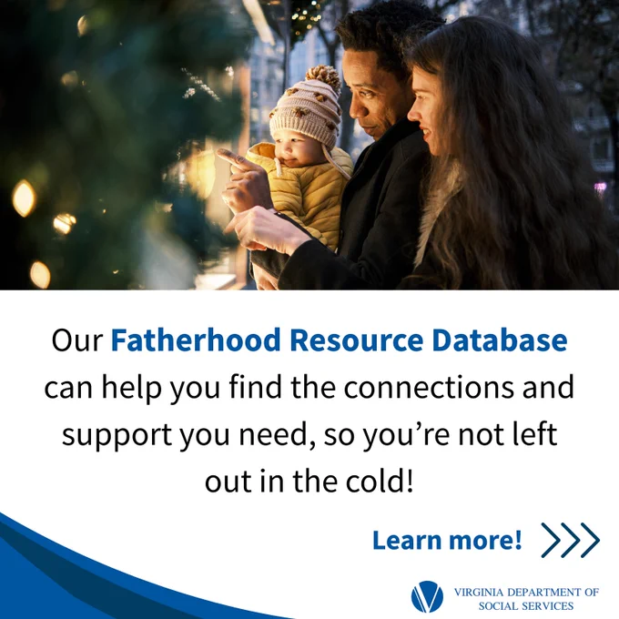 Promotional image for Virginia Department of Social Services featuring a mother, father, and their child admiring lights outdoors, with text about the Fatherhood Resource Database.
