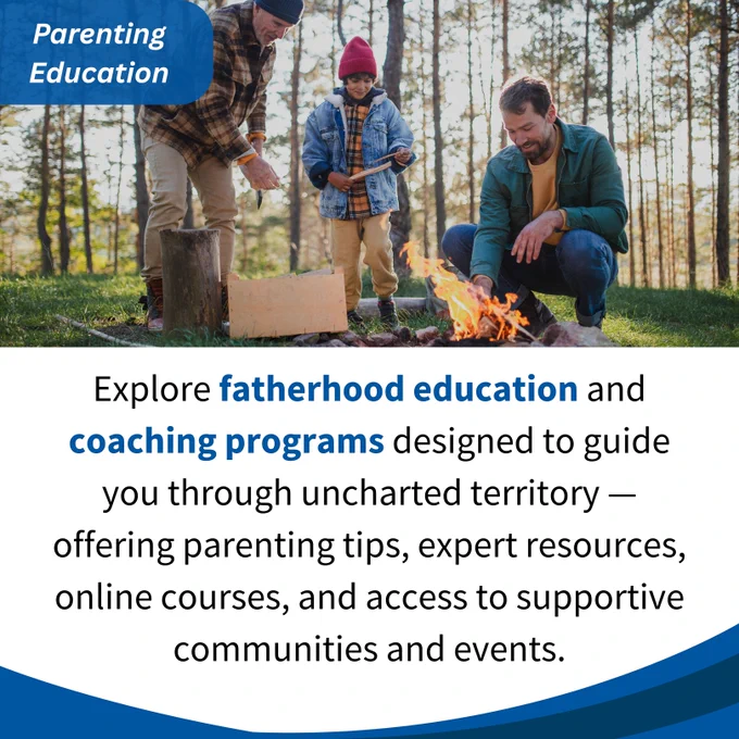 Promotional image for parenting education featuring a father, his child, and the grandfather by a campfire in a forest, focusing on fatherhood and coaching programs.