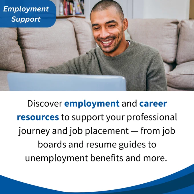 A father applying for jobs on his laptop under text promoting 'Employment Support' services related to job and career resources.